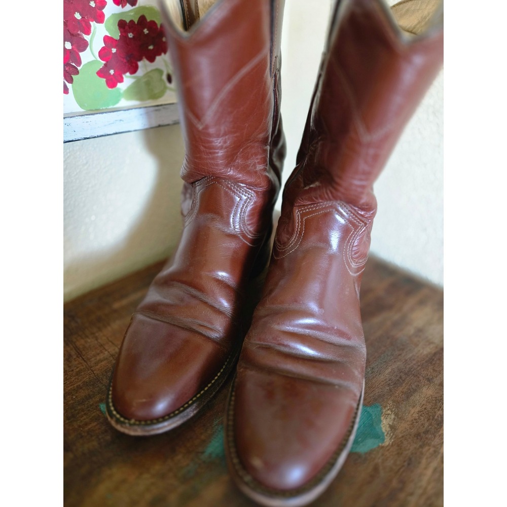 J Chisholm Mens Cognac Brown Leather Cowboy Boots Made in USA 8.5 D 32783 Ropers